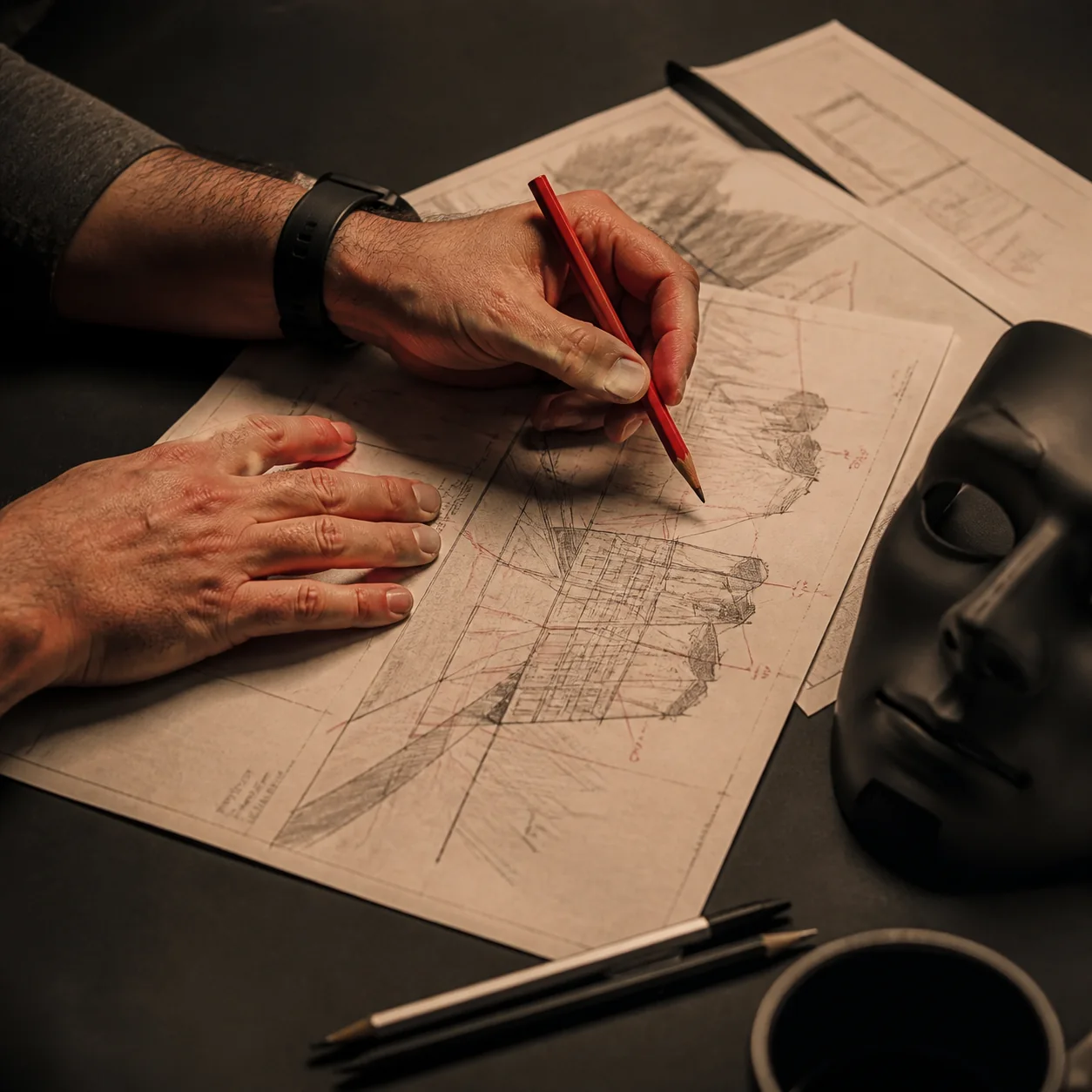 Hands annotating a technical drawing beside a graphite security mask